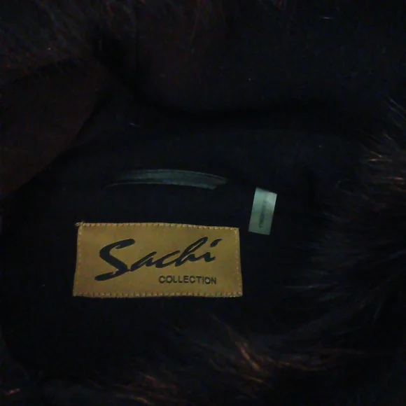 SACHI Black Pea Coat Wool Nylon Cashmere with Fox Fur Collar Button Up - Picture 4 of 8